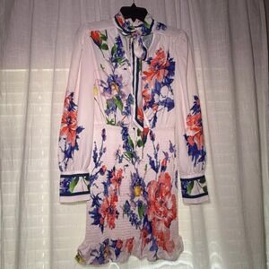 Her Bottari Dress Womens Medium White Floral Smocked Bodycon Mini Tie Neck
